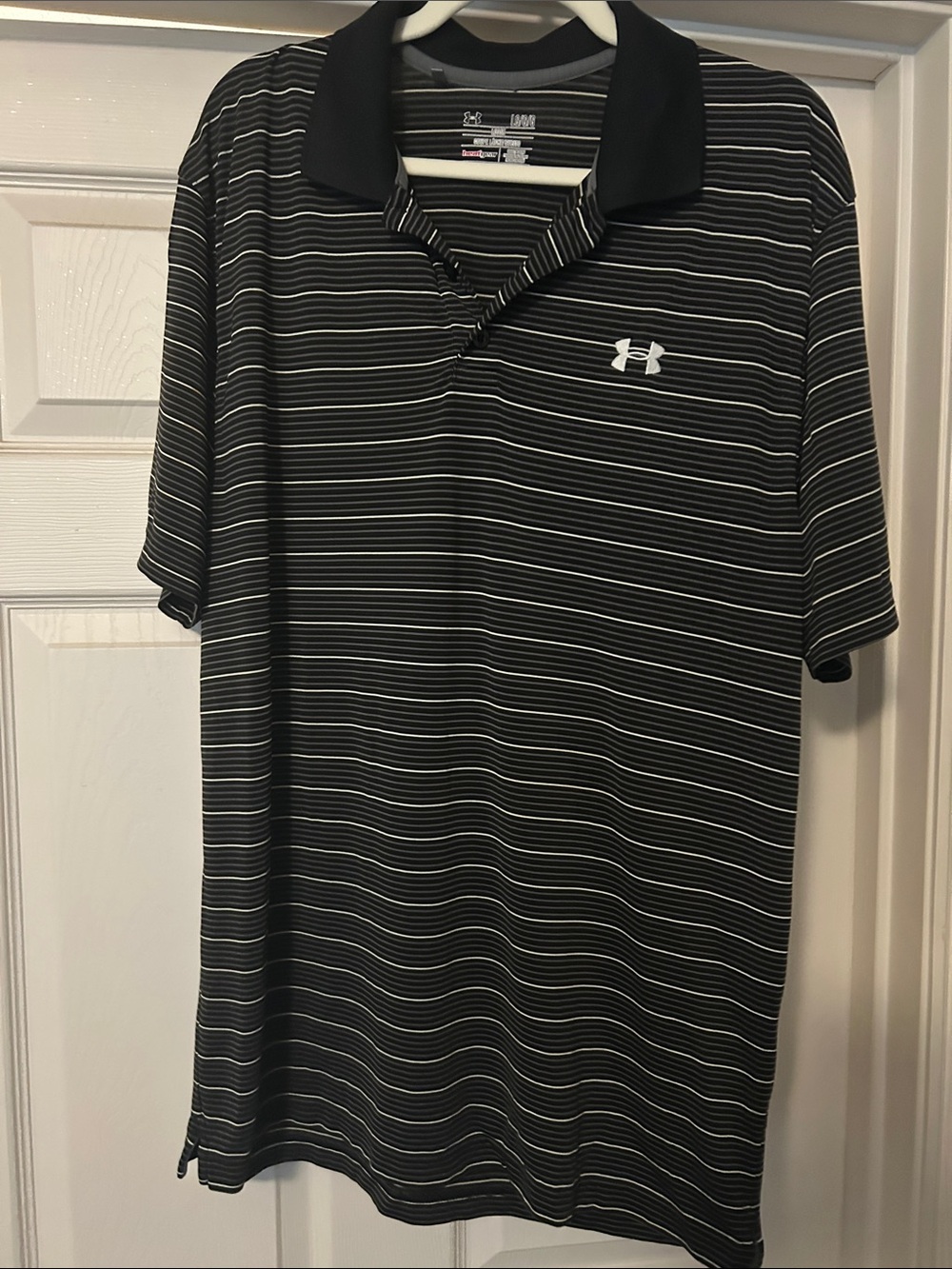 Under Armour Men's Black Striped Polo with White Logo